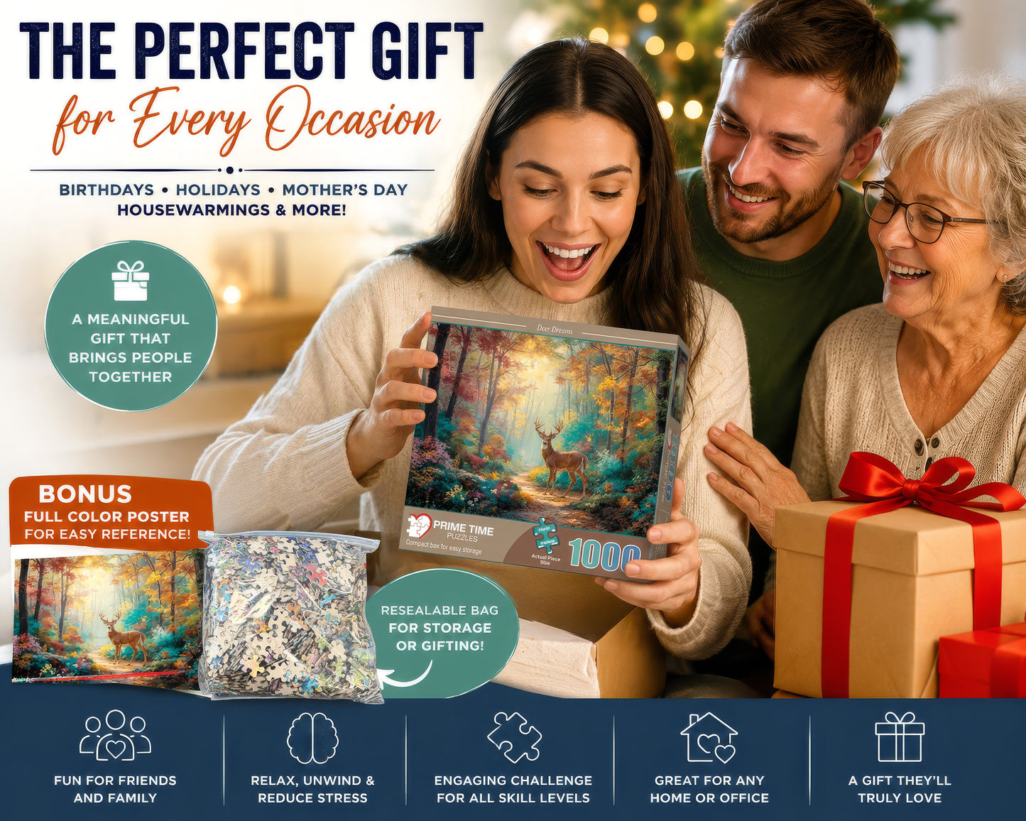Prime Time Puzzles 1000 Piece Jigsaw Puzzle for Adults - A Majestic Whitetail Buck in the Fall Forest - Challenging Puzzle Perfect for Game Nights - 1000 Piece for Adults. 20x27 inches - Deer Dreams