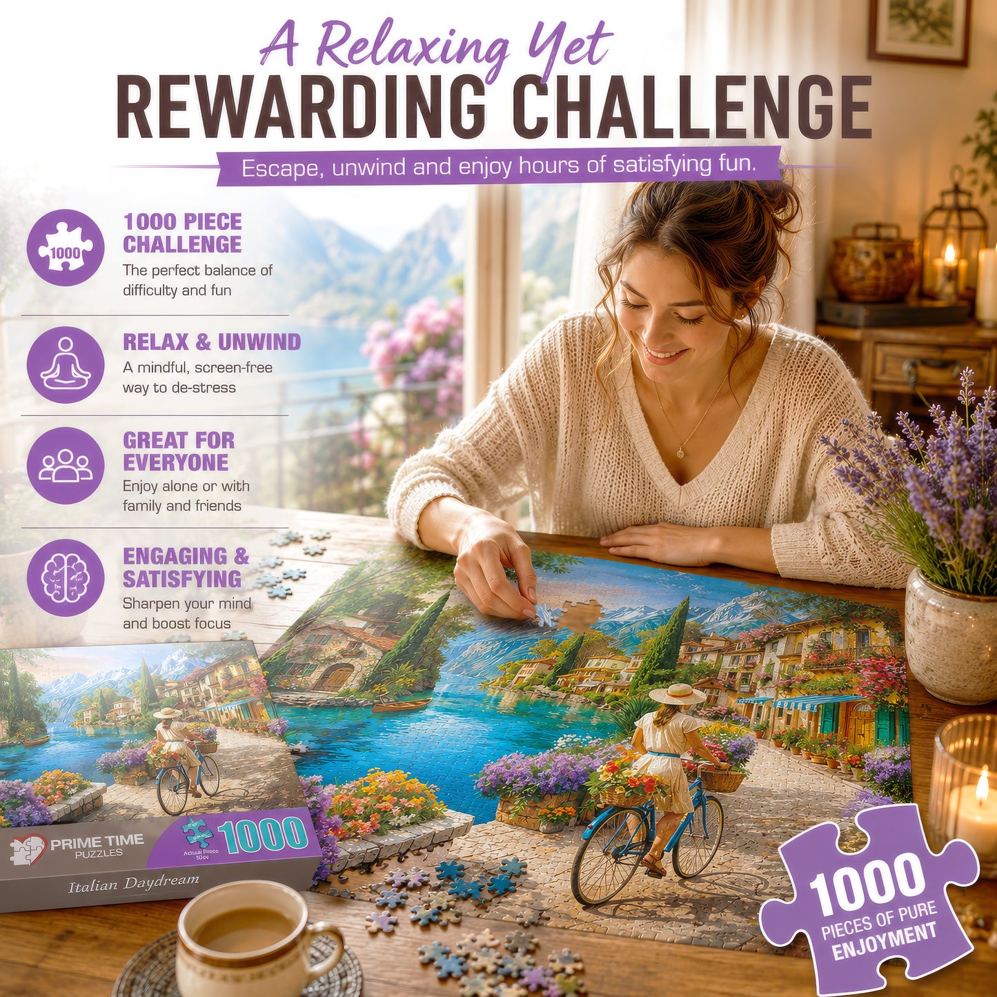 1000 Piece Jigsaw Puzzle for Adults - Italian Daydream - A Young Woman Rides her Bicycle Along the Mediterranean Sea in Italy - Challenging Puzzle Perfect for Game Nights - 20x27 inches