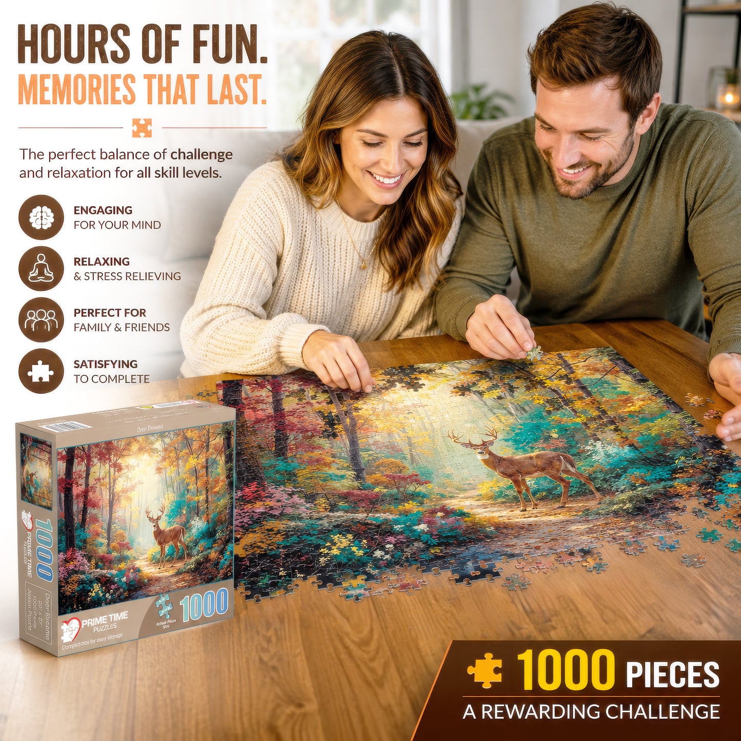 Prime Time Puzzles 1000 Piece Jigsaw Puzzle for Adults - A Majestic Whitetail Buck in the Fall Forest - Challenging Puzzle Perfect for Game Nights - 1000 Piece for Adults. 20x27 inches - Deer Dreams