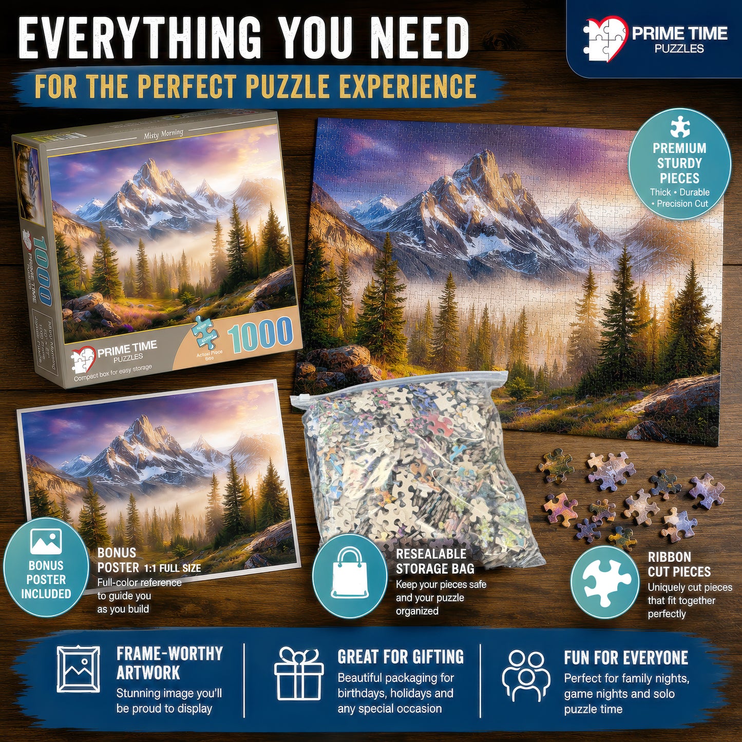 Prime Time Puzzles 1000 Piece Jigsaw Puzzle for Adults - Majestic Mountain on a Foggy Morning - Challenging Puzzle Perfect for Game Nights - Nature Landscape - 1000 Piece for Adults. 20x27 inches