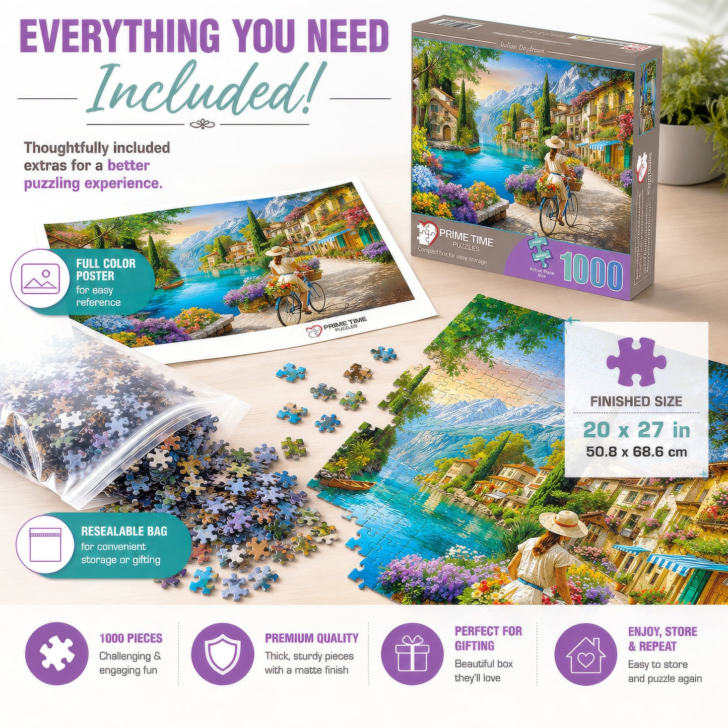 1000 Piece Jigsaw Puzzle for Adults - Italian Daydream - A Young Woman Rides her Bicycle Along the Mediterranean Sea in Italy - Challenging Puzzle Perfect for Game Nights - 20x27 inches