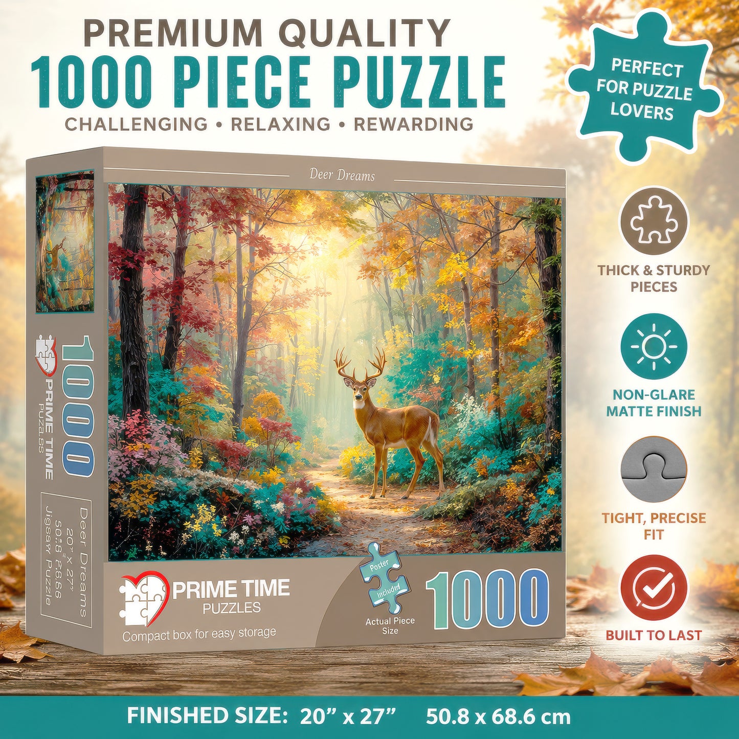 Prime Time Puzzles 1000 Piece Jigsaw Puzzle for Adults - A Majestic Whitetail Buck in the Fall Forest - Challenging Puzzle Perfect for Game Nights - 1000 Piece for Adults. 20x27 inches - Deer Dreams