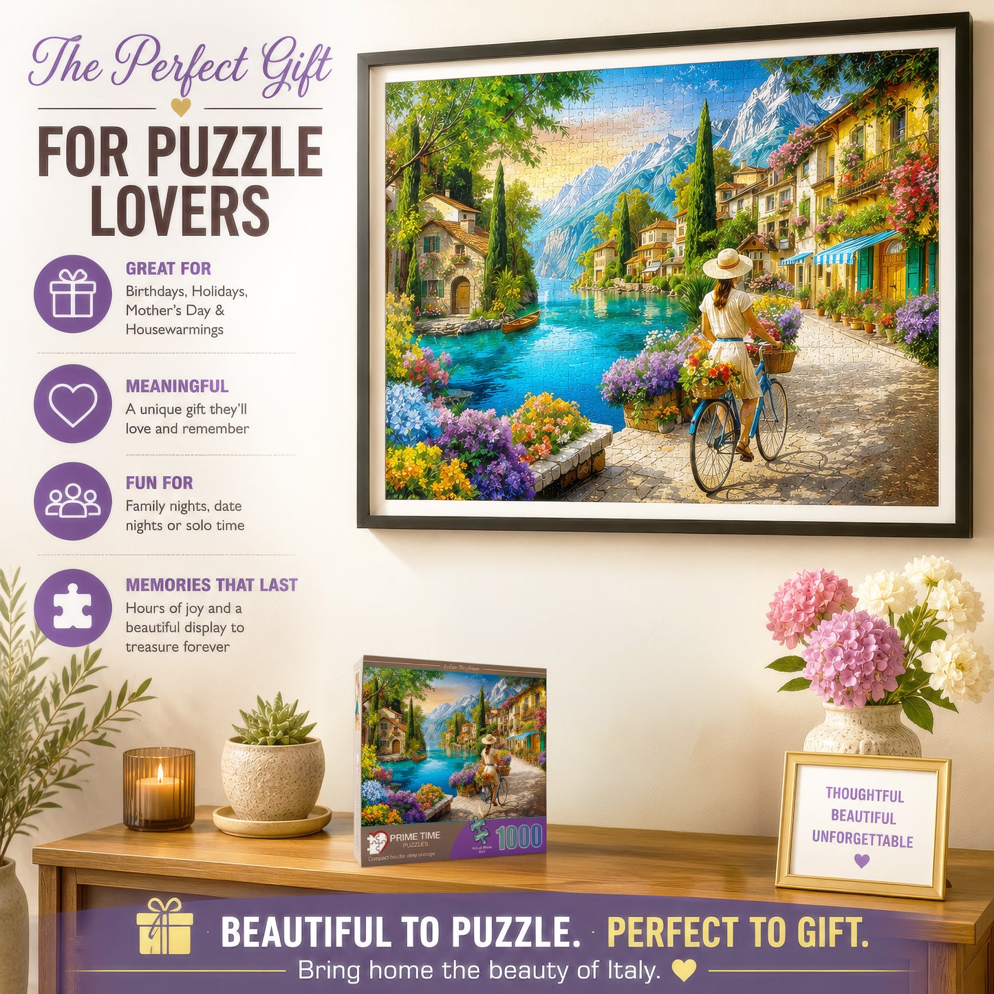 1000 Piece Jigsaw Puzzle for Adults - Italian Daydream - A Young Woman Rides her Bicycle Along the Mediterranean Sea in Italy - Challenging Puzzle Perfect for Game Nights - 20x27 inches