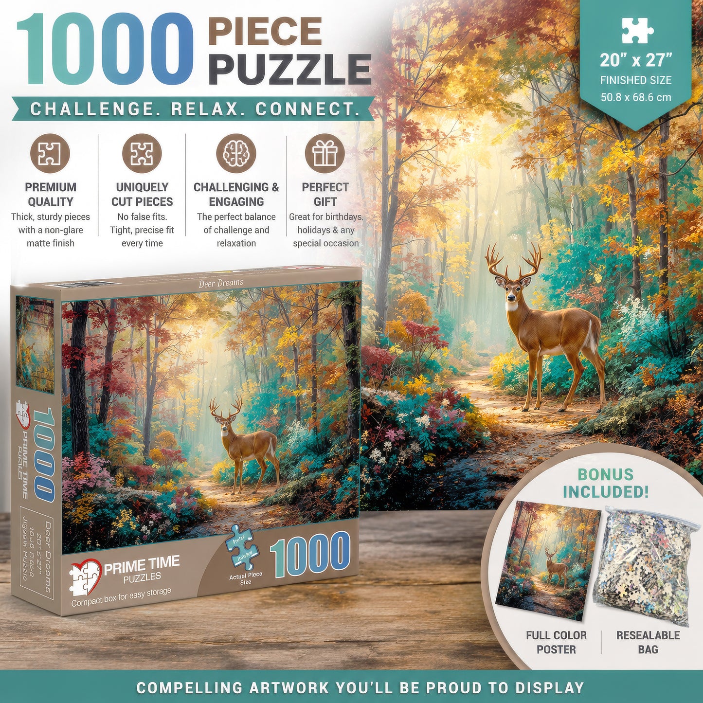 Prime Time Puzzles 1000 Piece Jigsaw Puzzle for Adults - A Majestic Whitetail Buck in the Fall Forest - Challenging Puzzle Perfect for Game Nights - 1000 Piece for Adults. 20x27 inches - Deer Dreams