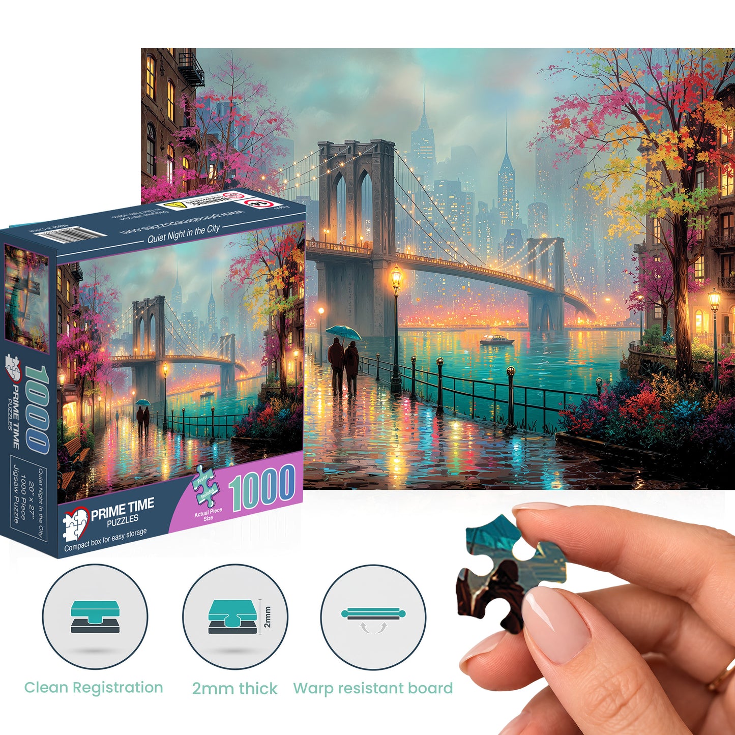 Prime Time Puzzles 1000 Piece Jigsaw Puzzle for Adults - Walk in the Rain in the City - Challenging Puzzle - Artistic Cityscape - Brooklyn Bridge - New York - 1000 Piece for Adults. 20x27 inches