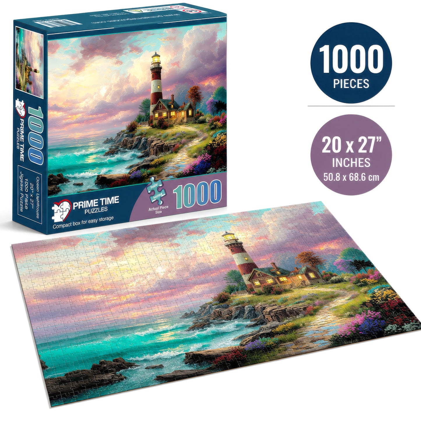 Prime Time Puzzles 1000 Piece Jigsaw Puzzle for Adults - Ocean Lighthouse - Challenging Puzzle Perfect for Game Nights - Colorful Light House by the Beach Sunset 1000 Piece for Adults. 20x27 inches