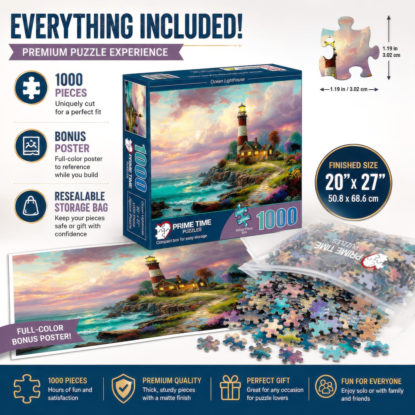 Prime Time Puzzles 1000 Piece Jigsaw Puzzle for Adults - Ocean Lighthouse - Challenging Puzzle Perfect for Game Nights - Colorful Light House by the Beach Sunset 1000 Piece for Adults. 20x27 inches
