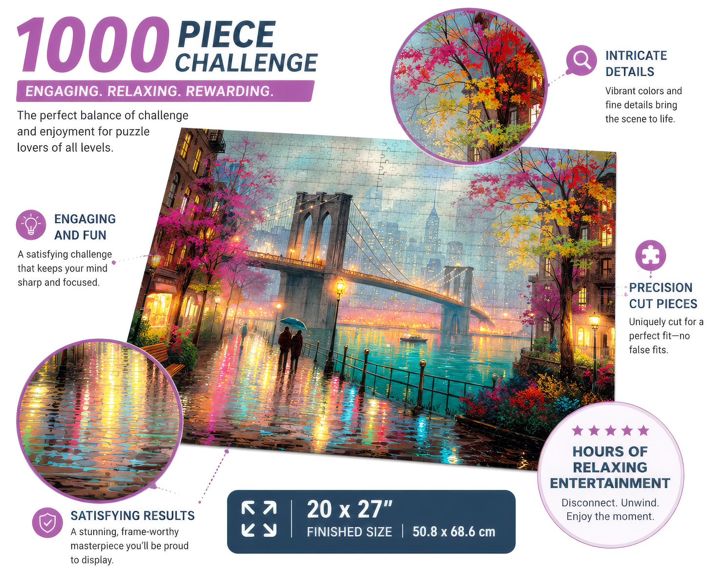 Prime Time Puzzles 1000 Piece Jigsaw Puzzle for Adults - Walk in the Rain in the City - Challenging Puzzle - Artistic Cityscape - Brooklyn Bridge - New York - 1000 Piece for Adults. 20x27 inches
