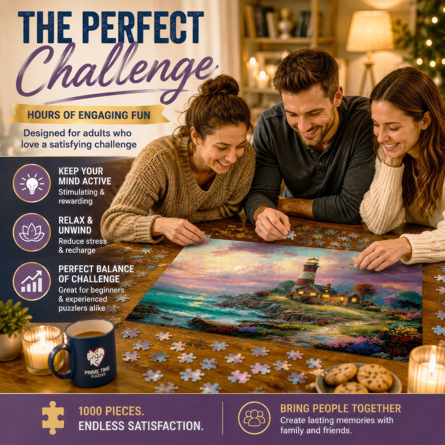 Prime Time Puzzles 1000 Piece Jigsaw Puzzle for Adults - Ocean Lighthouse - Challenging Puzzle Perfect for Game Nights - Colorful Light House by the Beach Sunset 1000 Piece for Adults. 20x27 inches