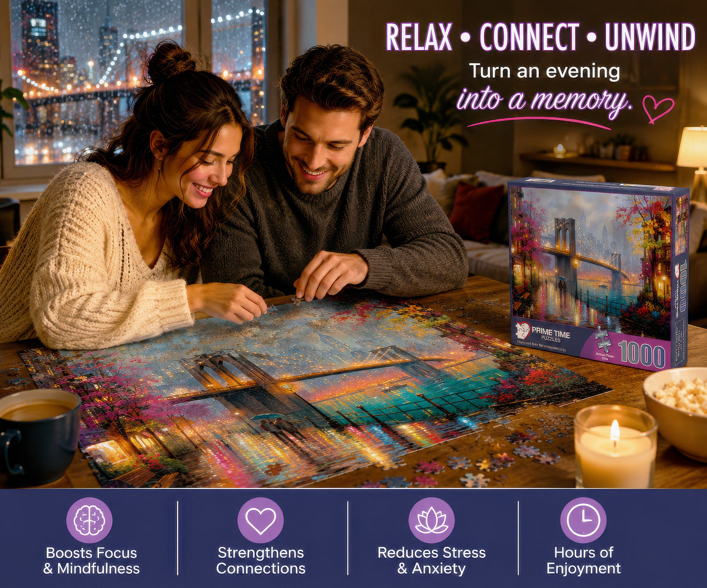 Prime Time Puzzles 1000 Piece Jigsaw Puzzle for Adults - Walk in the Rain in the City - Challenging Puzzle - Artistic Cityscape - Brooklyn Bridge - New York - 1000 Piece for Adults. 20x27 inches