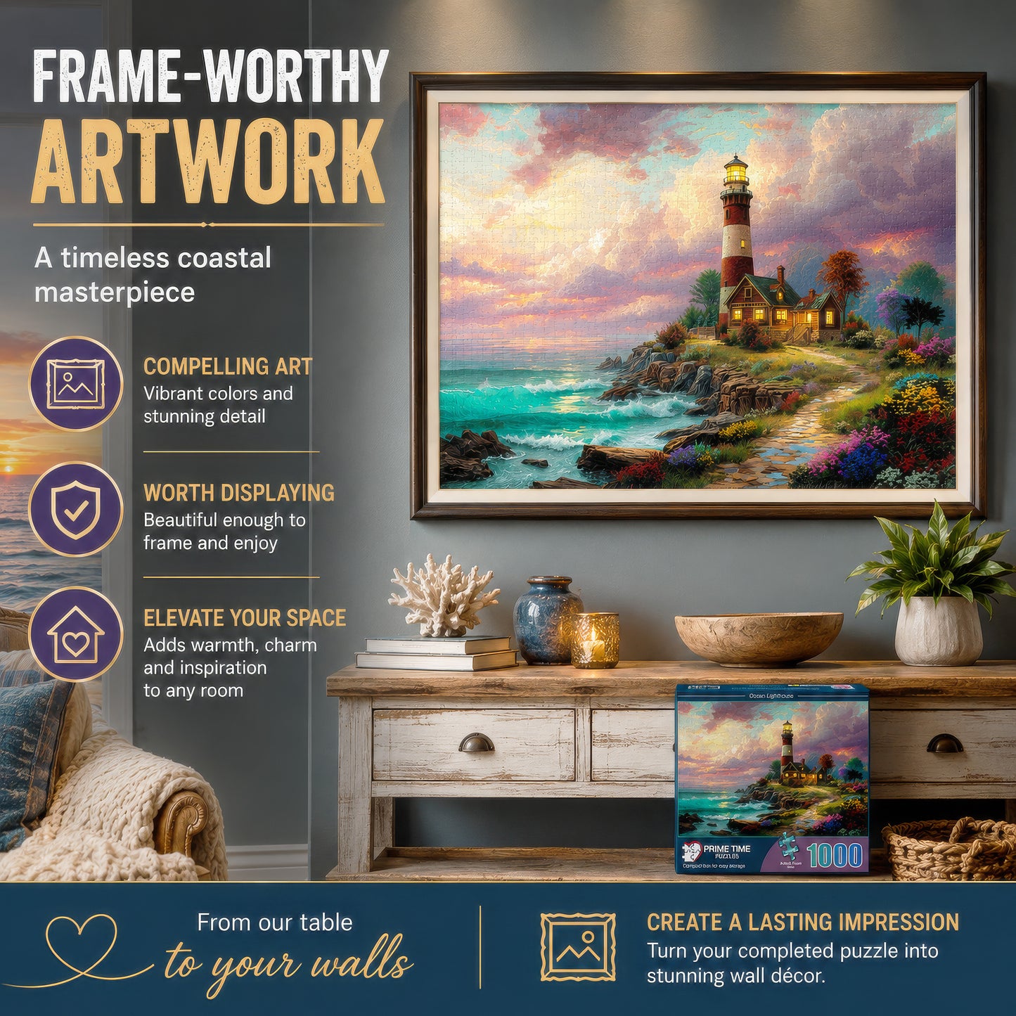 Prime Time Puzzles 1000 Piece Jigsaw Puzzle for Adults - Ocean Lighthouse - Challenging Puzzle Perfect for Game Nights - Colorful Light House by the Beach Sunset 1000 Piece for Adults. 20x27 inches