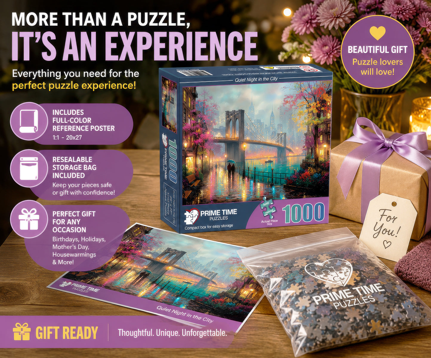 Prime Time Puzzles 1000 Piece Jigsaw Puzzle for Adults - Walk in the Rain in the City - Challenging Puzzle - Artistic Cityscape - Brooklyn Bridge - New York - 1000 Piece for Adults. 20x27 inches