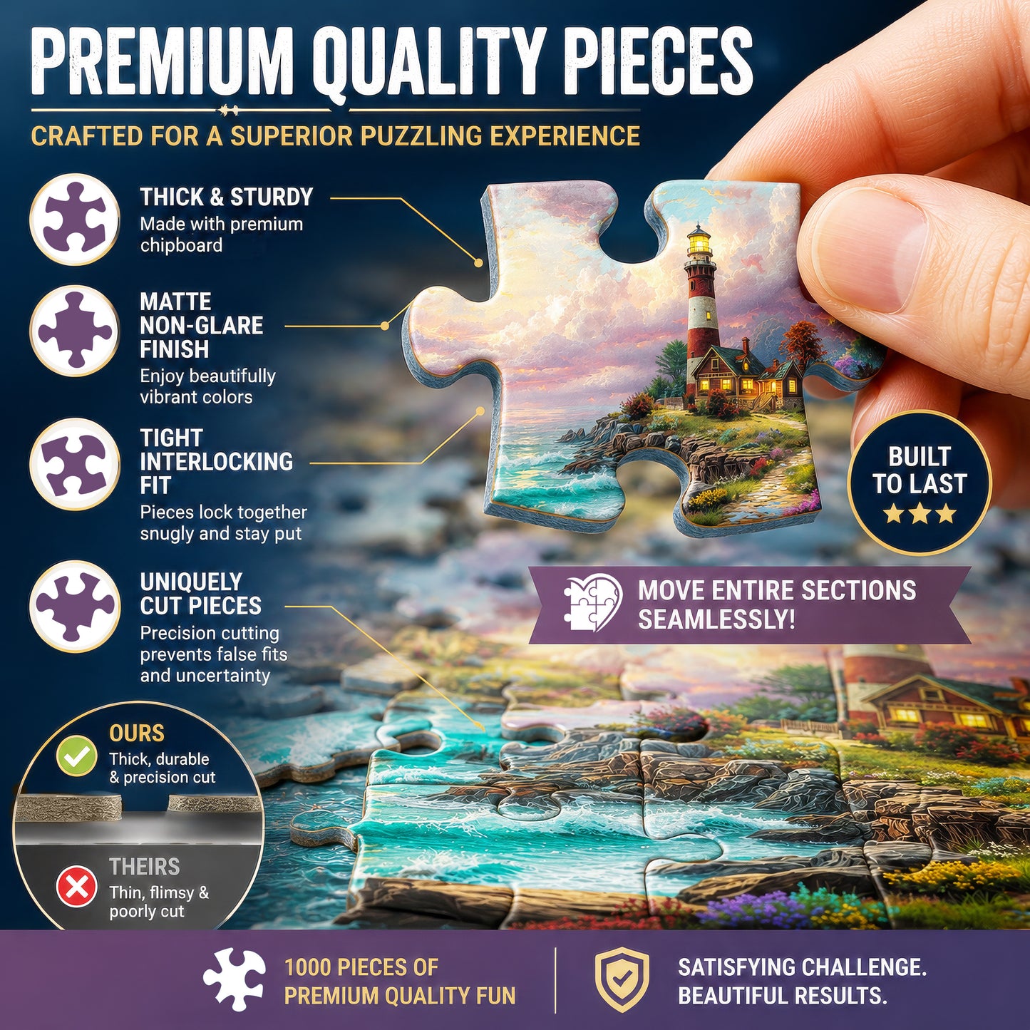 Prime Time Puzzles 1000 Piece Jigsaw Puzzle for Adults - Ocean Lighthouse - Challenging Puzzle Perfect for Game Nights - Colorful Light House by the Beach Sunset 1000 Piece for Adults. 20x27 inches