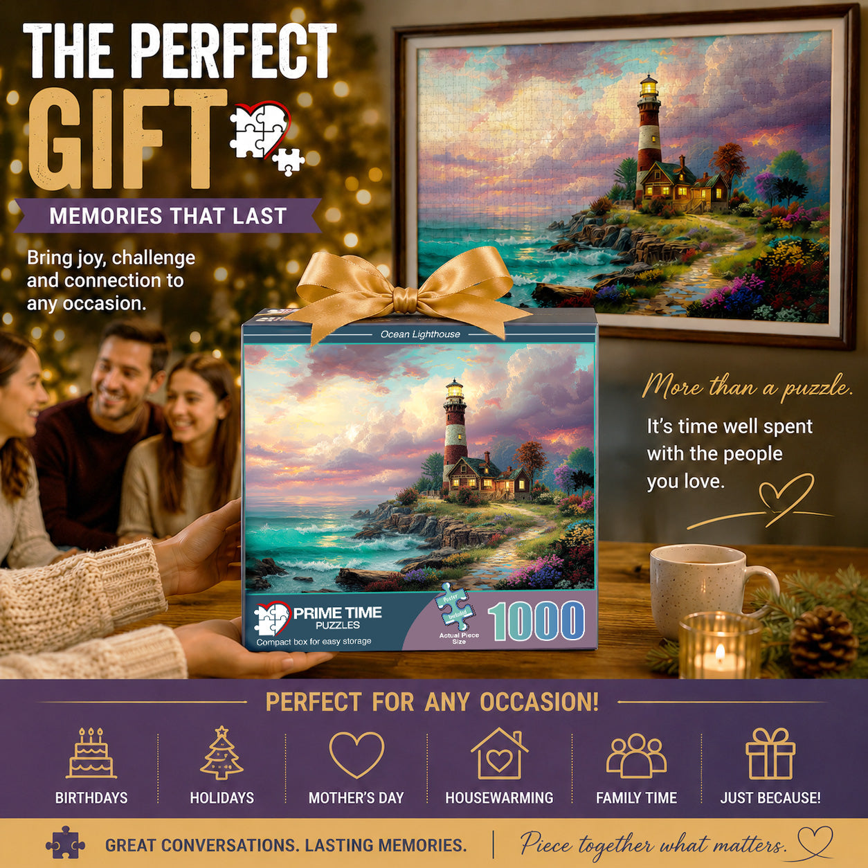Prime Time Puzzles 1000 Piece Jigsaw Puzzle for Adults - Ocean Lighthouse - Challenging Puzzle Perfect for Game Nights - Colorful Light House by the Beach Sunset 1000 Piece for Adults. 20x27 inches