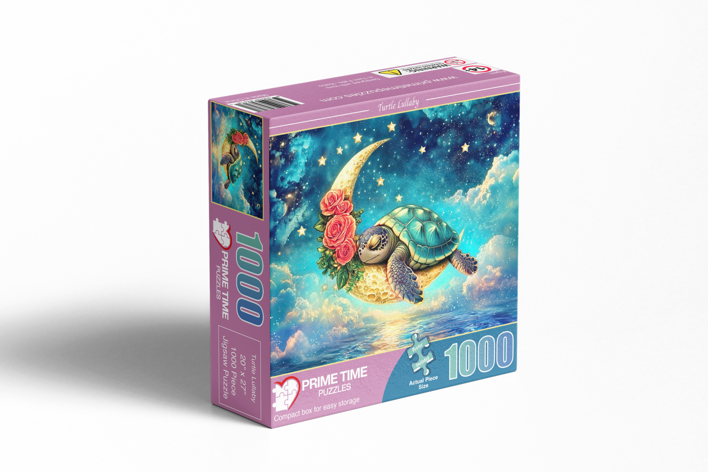 1000 Piece Jigsaw Puzzle for Adults - Cute Sea Turtle Gently Sleeping on The Crescent Moon amidst a Cloud Covered Ocean - Turtle Lullaby
