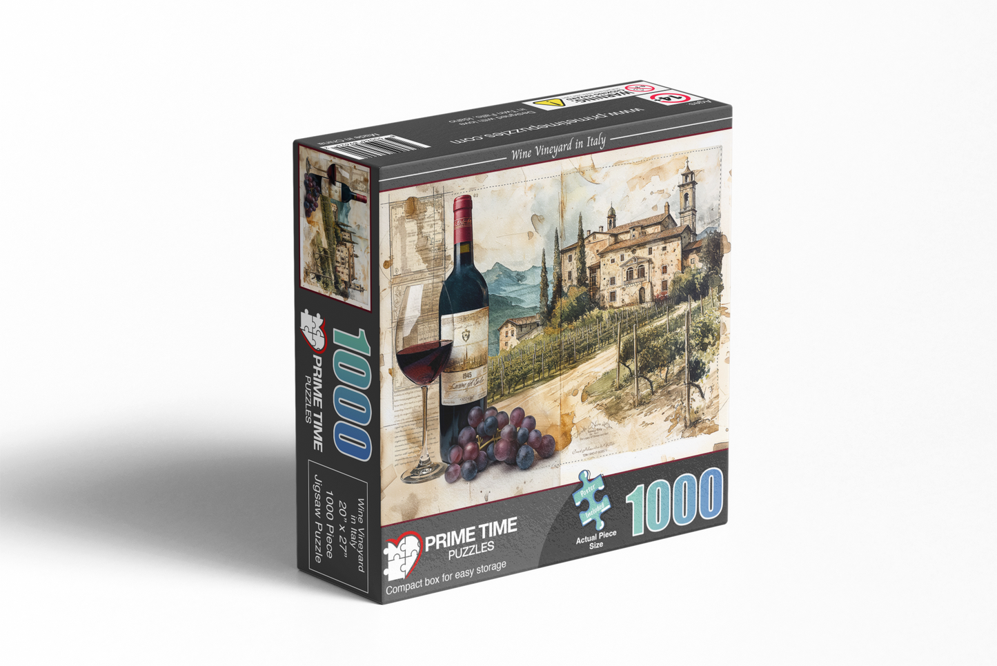 1000 Piece Jigsaw Puzzle for Adults - Wine Vineyard in Italy - A 1945 Bottle and Glass of Wine from Tuscany in Front of Rows of Grape Vines
